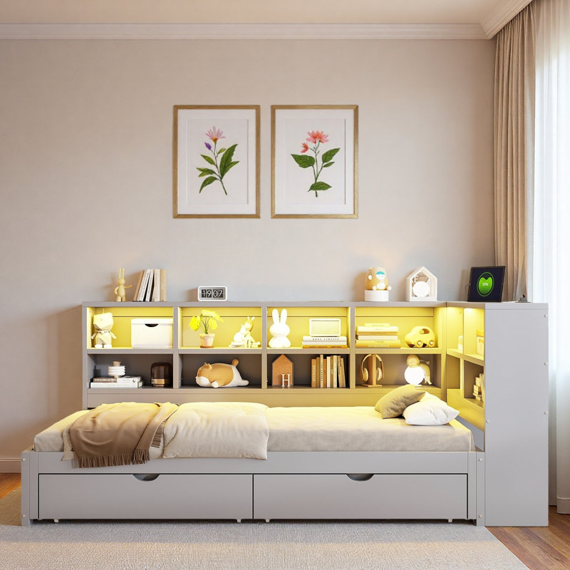 Modern Daybed With 2 Storage Drawers, Storage Cabinets, Led Light And Usb Ports, Gray