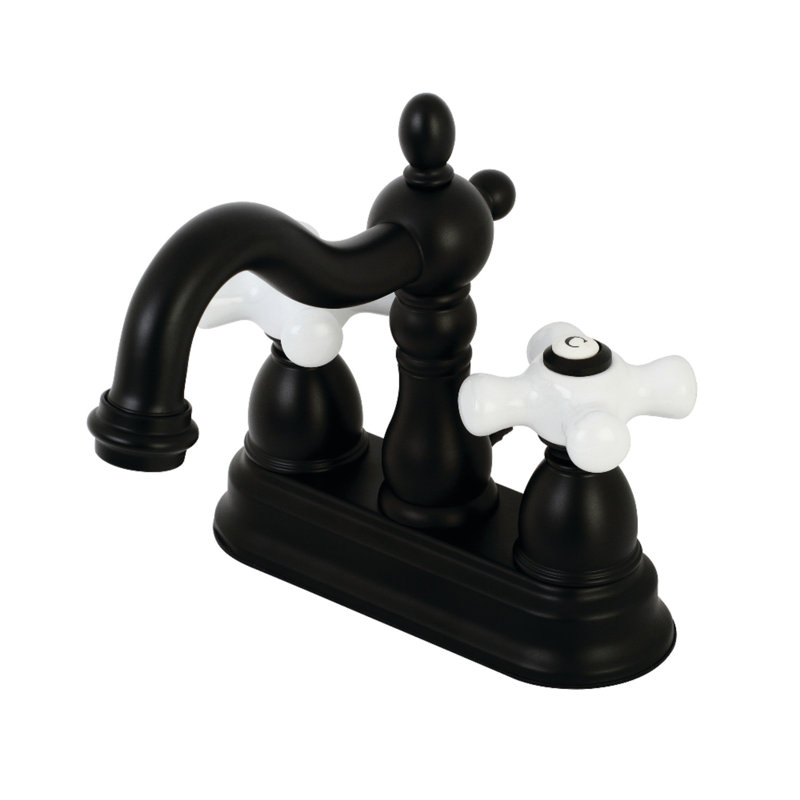 Kingston Brass Heritage Two-Handle 3-Hole Deck Mount 4" Centerset Bathroom Faucet with Plastic Pop-Up, Matte Black