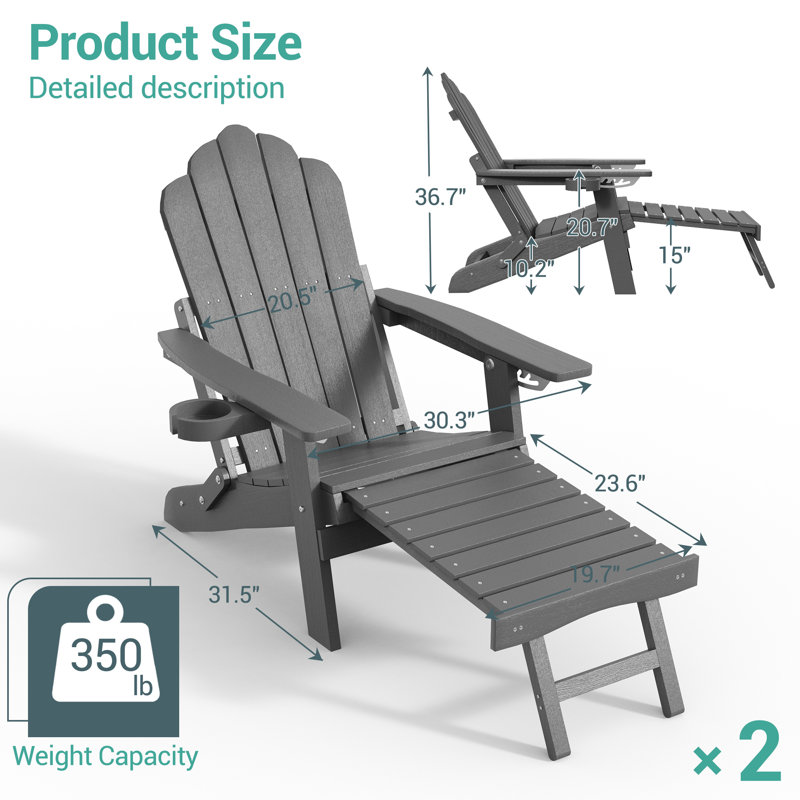 Adirondack Chair with Retractable Ottoman, HIPS Weather Resistance Folding  Outdoor Chair with Cup Holder for Outdoor Patio Lawn