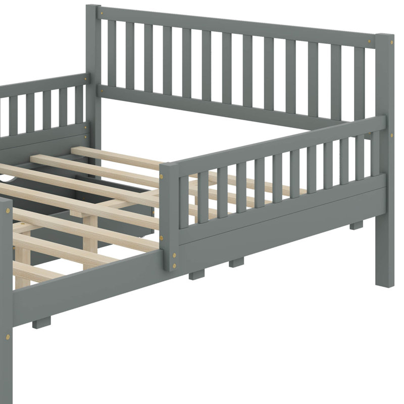 Lit plateforme double en bois avec garde-corps et 2 tiroirs, Gris