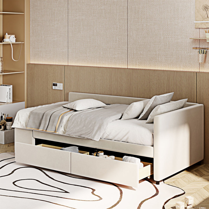 Lit plateforme simple tapissier en forme de L avec rangement, Beige