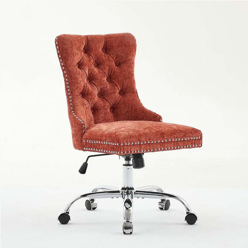 Modern Chenille Upholstered Tufted Button Home Office Chair, Adjustable Desk Chair Swivel Office Chair, Orange