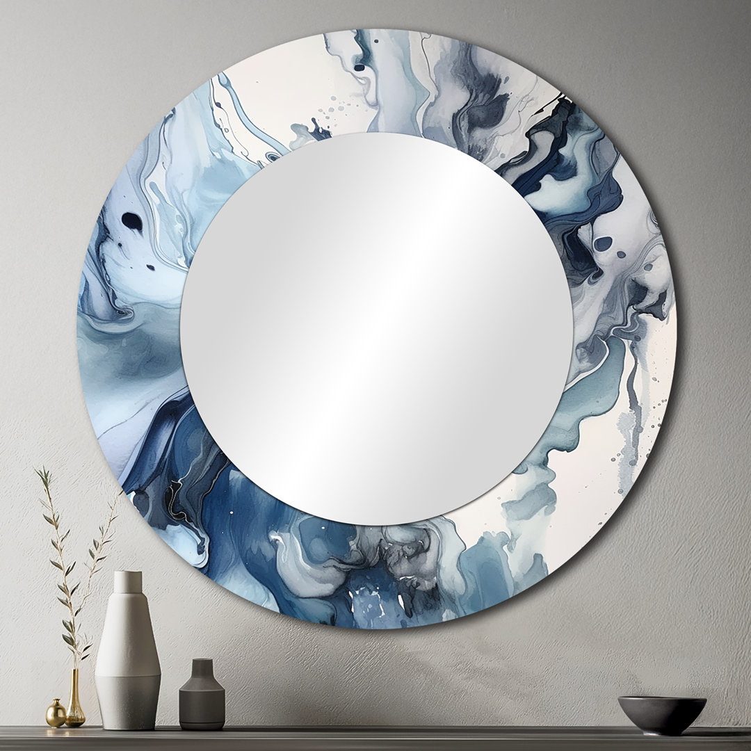 Blue and Grey Ethereal Elixir II - Abstract Decorative Mirror, Modern Round Wall Mirror, Printed Metal Art Design Art