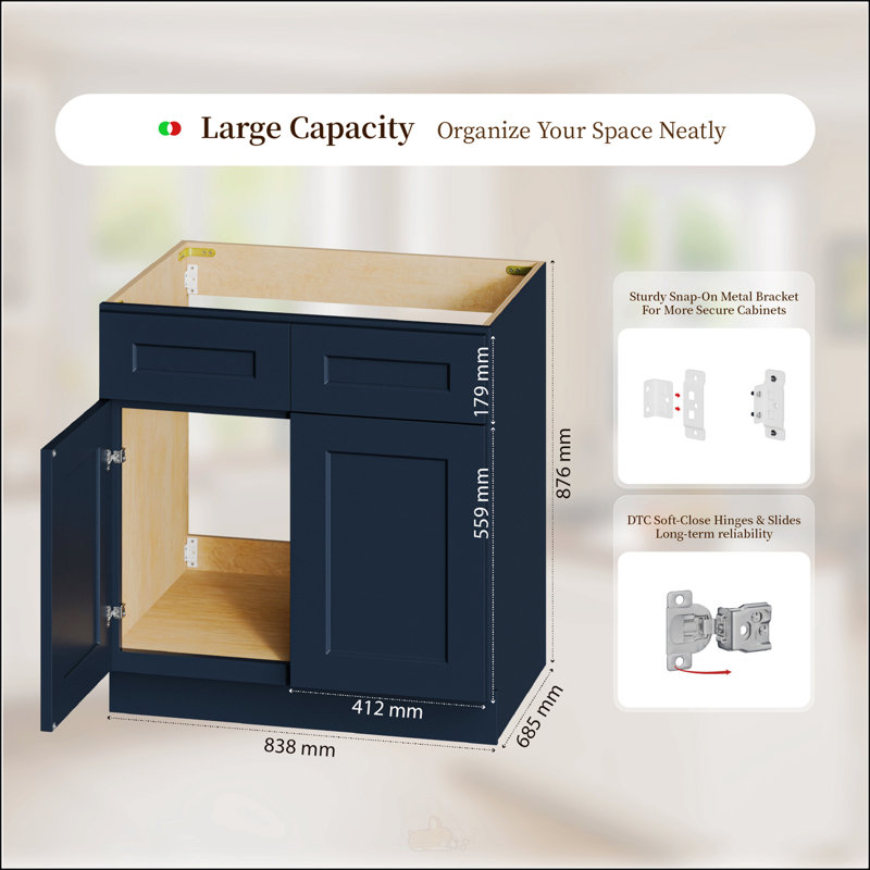 Armoire de base d'évier de cuisine durable 33 po RTA, bleu marine, bois massif, résistant à l'humidité, facile à assembler