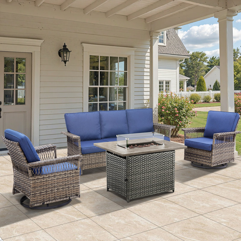 Deb Outdoor 4-Pieces PE Wicker Patio Conversation Set with Fire Pit Table, Blue Cushion/Gray Frame