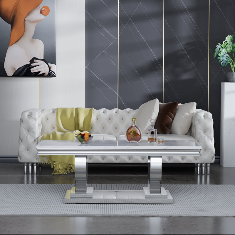 46.85" Coffee Table with White Marble Top, Modern Rectangular Faux Marble Coffee Table with Stainless Steel Pedestal, Luxury Gold Cocktail Center Table for Living Room Office