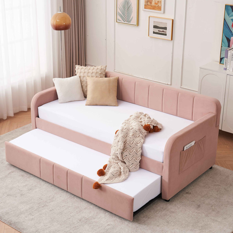 Lit de jour rembourré en velours avec couchette et poche latérale, Rose