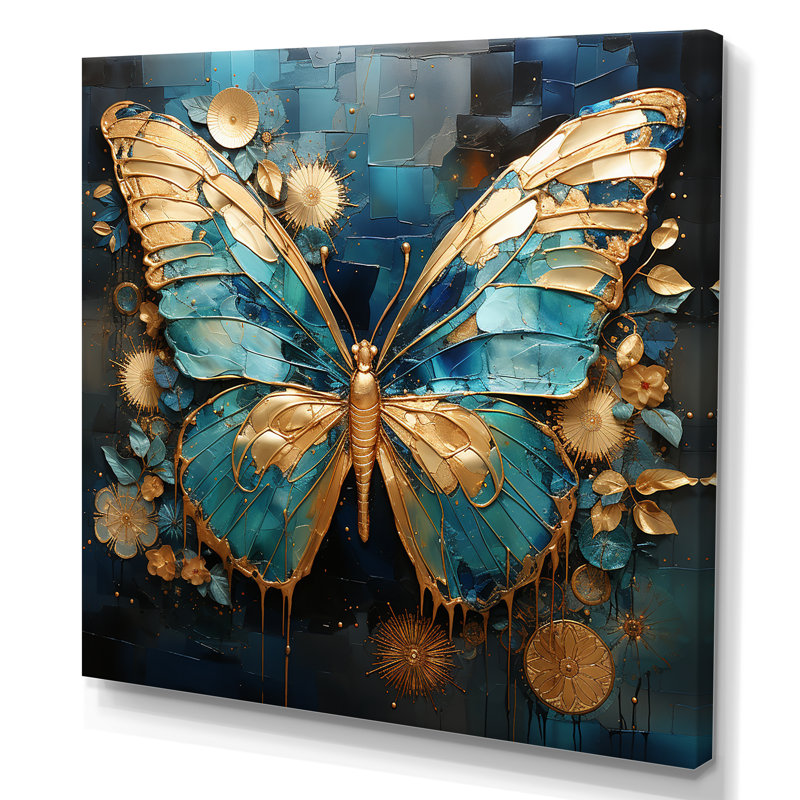 Art mural papillon doré et bleu II, Toile tendue, H 30 po x l 30 po