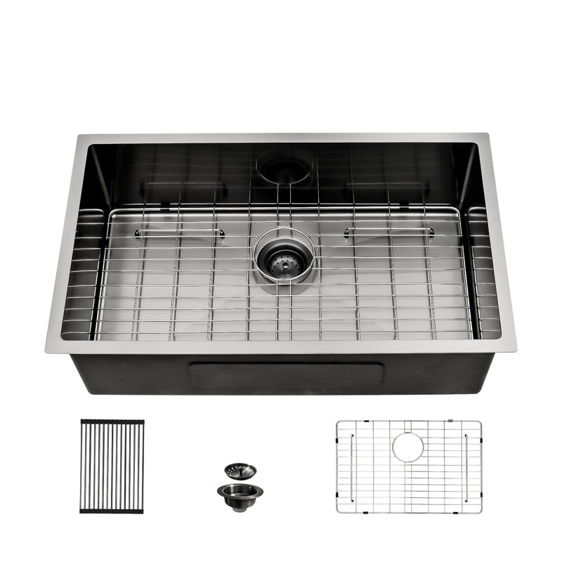 Single Bowl Stainless Steel Kitchen Sink, Gunmetal Black, 16, 10" H x 18" W x 30" L