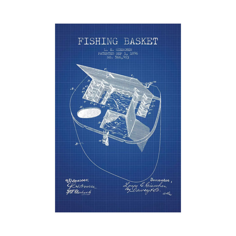 L.E. Gieshen Fishing Basket Patent Sketch (Blue Grid) by Aged Pixel - Wrapped Canvas Print