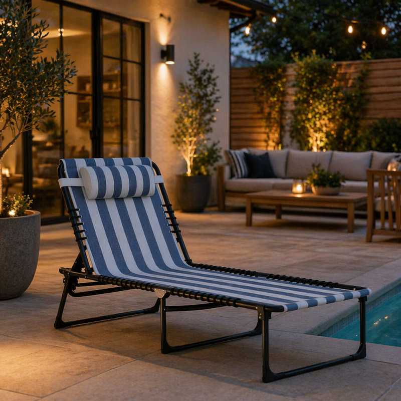 Chaise longue d'extérieur réglable en tissu maillé et corde élastique, parfaite pour la détente à la plage et à la piscine