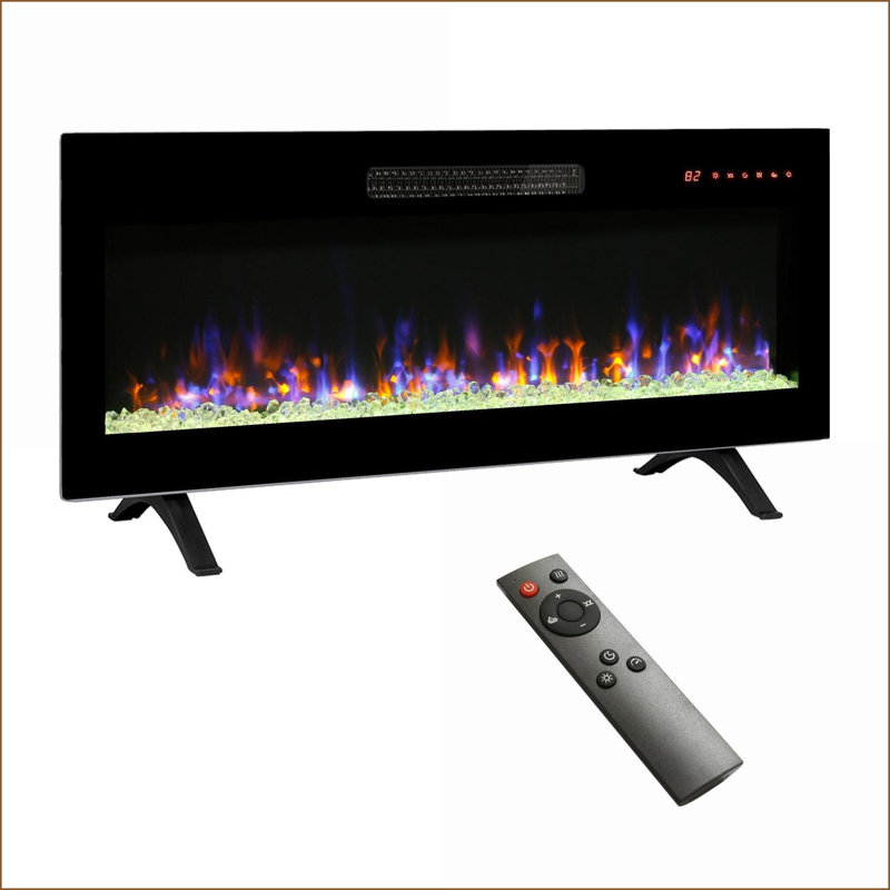 Foyer électrique encastré mural de 42 pouces avec télécommande et flamme multicolore | Électrique | Verre trempé + tôle + plastique