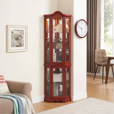 Vitrine de coin lumineuse avec portes et tablettes en verre trempé - Vitrine élégante en cerisier avec ampoule pour le décor du salon et de la chambre à coucher - Cerisier