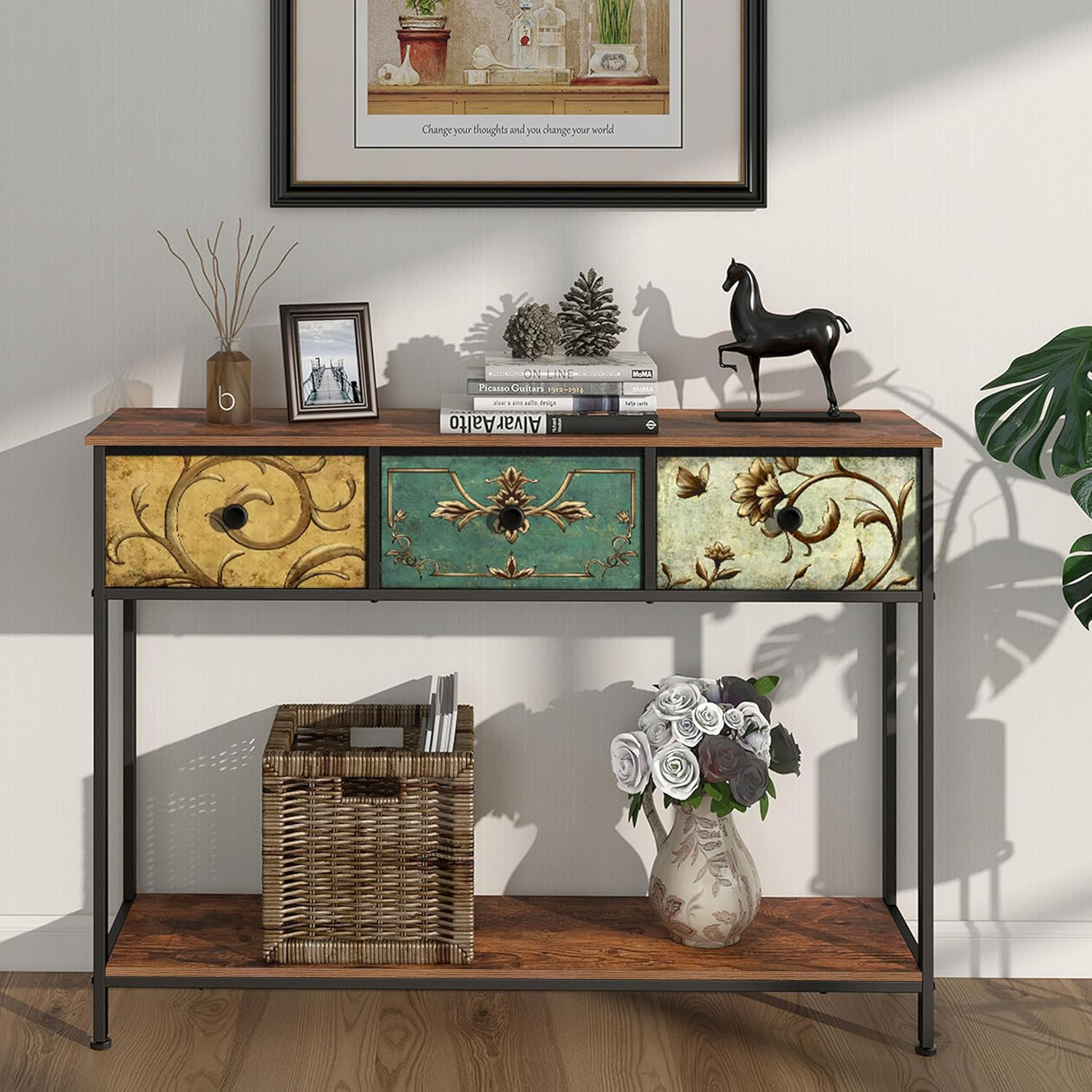 17 Stories Entryway Console Table With 3 Retro Flowers Fabric Drawers