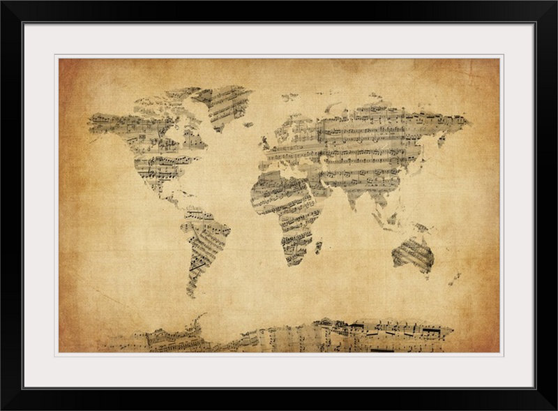 Francy «Map Of The World Map From Old Partition» par Aniesha, impression, Cadre noir, H 28 po x l 38 po x P 1 po