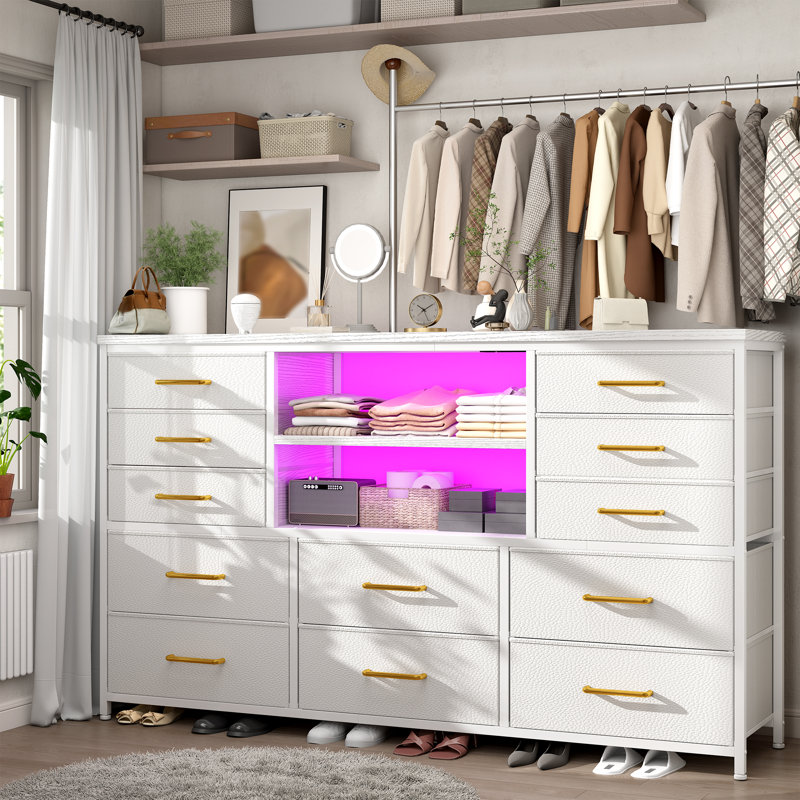 12-drawer Dresser With Led Lights & Outlets - Metal Frame Tv Stand For 60'' Screens, Versatile Use, White