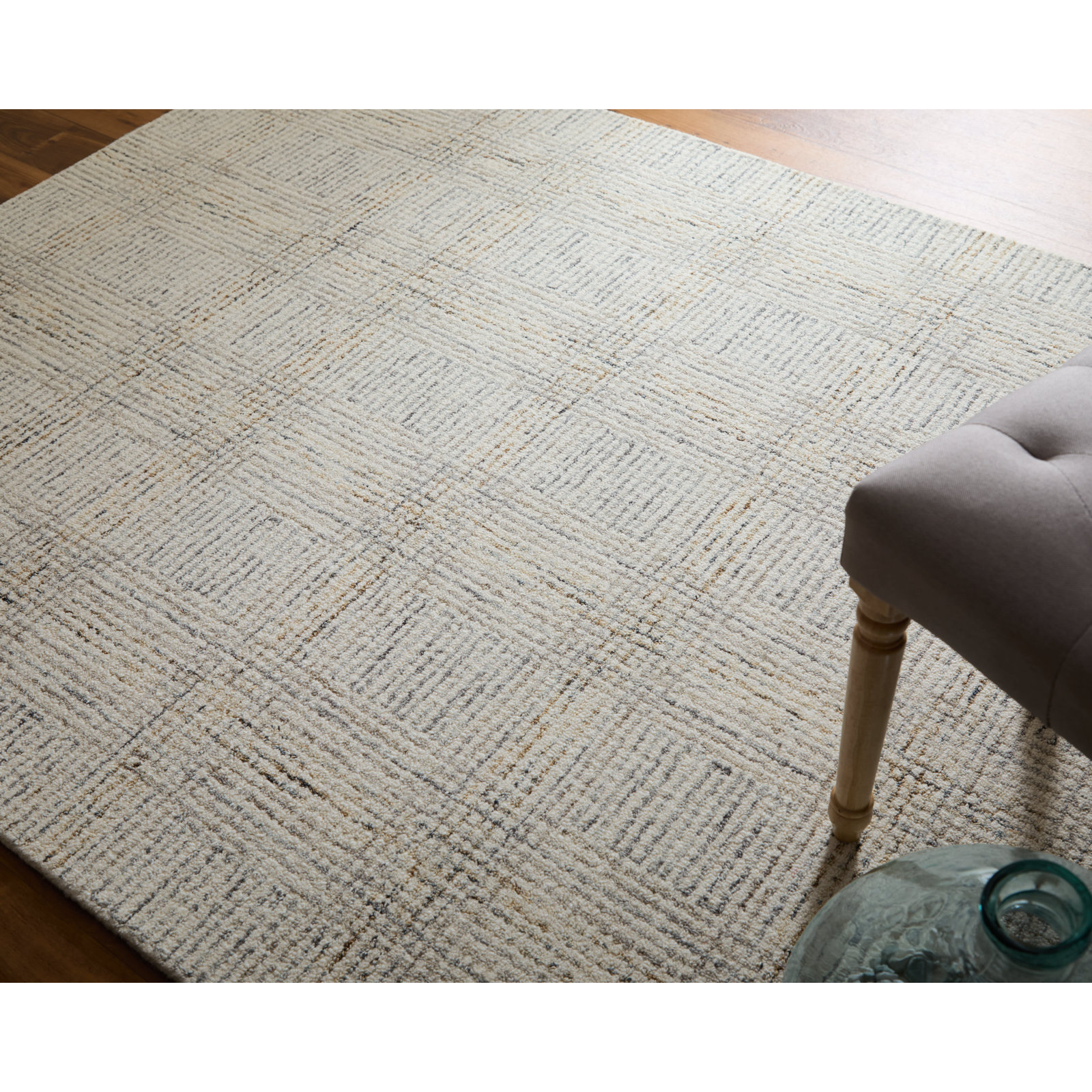 Armando Gray Ivory Hand-Tufted Plaid Wool Rug, Rectangle 12' x 15'