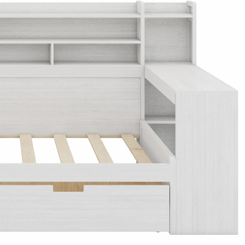 Lit de jour en bois avec tablettes de rangement, lit multifonctionnel avec deux tiroirs de rangement et bureau d'étude