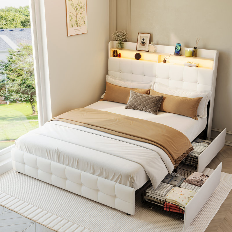Bed Frame with 2 Storage Drawers, Upholstered Bed Frame with LED Light, White, Queen