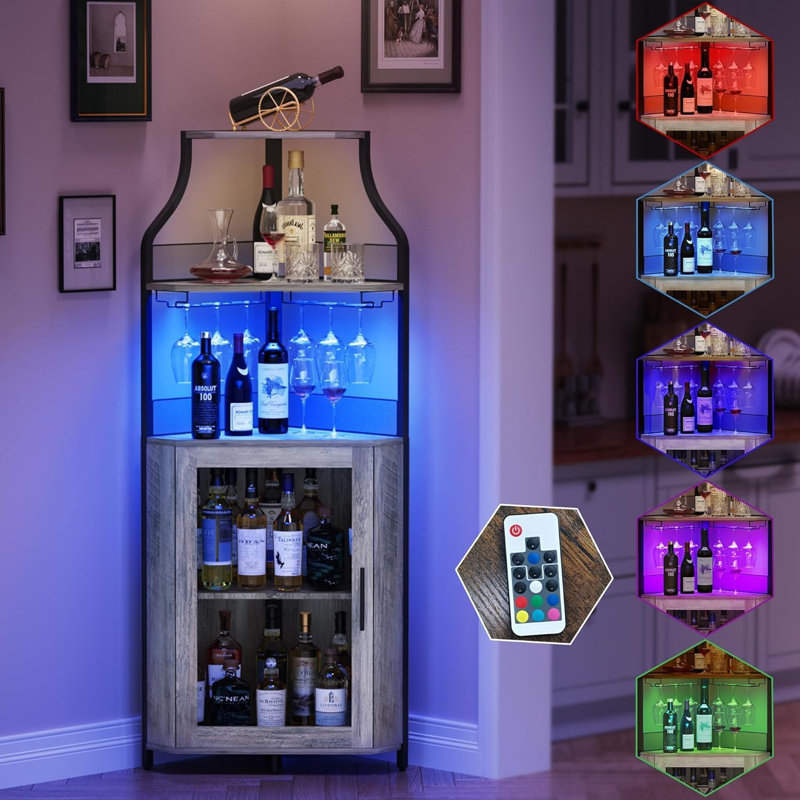 Corner Bar Cabinet with LED Lights, Gray