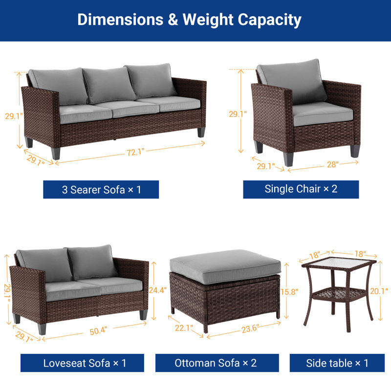 7-Piece Rattan Patio Set,  All Weather Wicker Chair w/Removable Cushion and Sturdy Frame, Brown, Gray