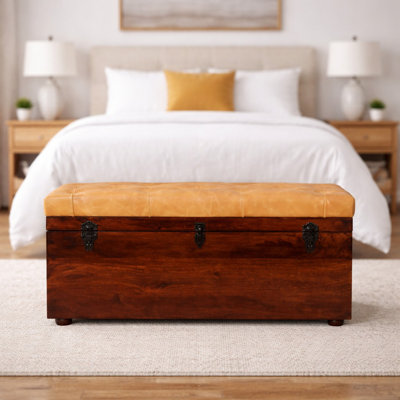 Tan Leather Storage Trunk Bench