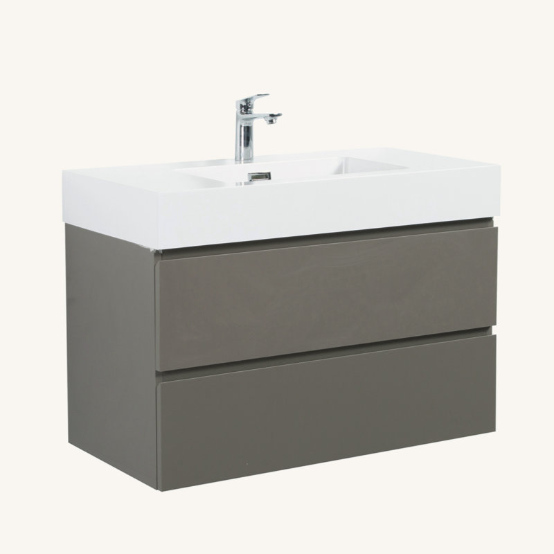 Meuble-lavabo mural de 36 po avec lavabo, grand meuble-lavabo flottant mural pour salle de bain moderne, lavabo une pièce sans drain, pré-assemblé