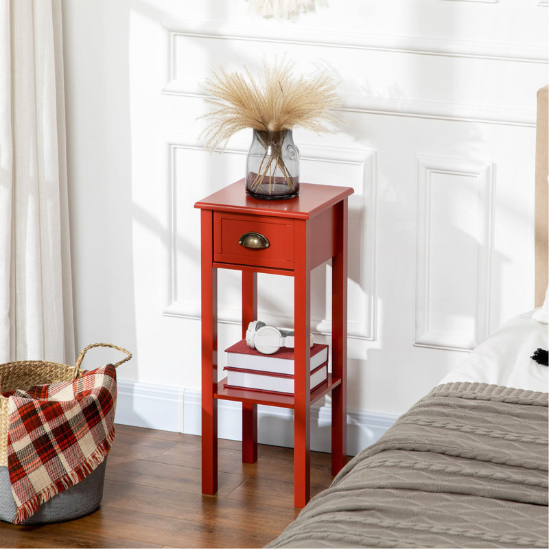 Table d'appoint à 2 niveaux avec tiroir, table de bout étroite avec tablette inférieure, pour le salon ou la chambre à coucher, rouge