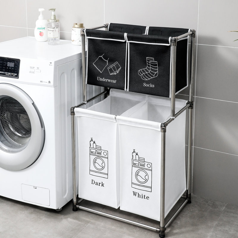 4 paniers à linge amovibles - 2 niveaux, stable, triez rapidement les sacs de grande capacité, à porter, structure stable