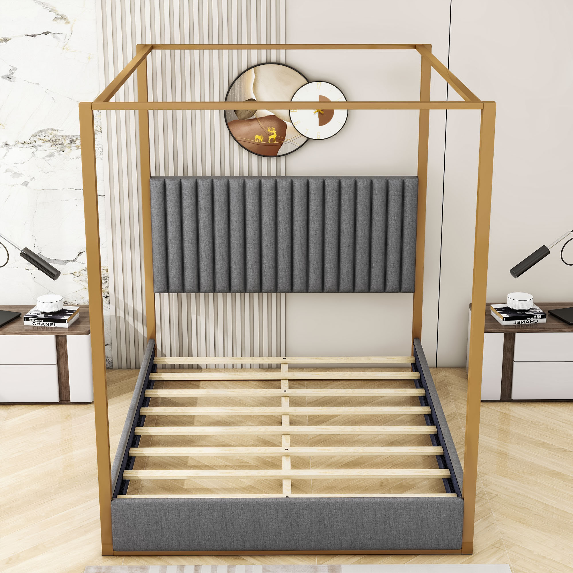 Mercer41 Zara Queen Size Linen Upholstery Canopy Bed with Headboard and ...