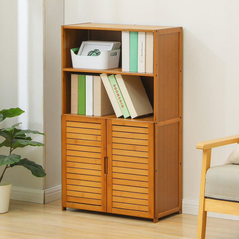 4-Tier Bookcase with Doors, Bamboo Bookshelf Freestanding Cube Storage Organizer with Open Shelves