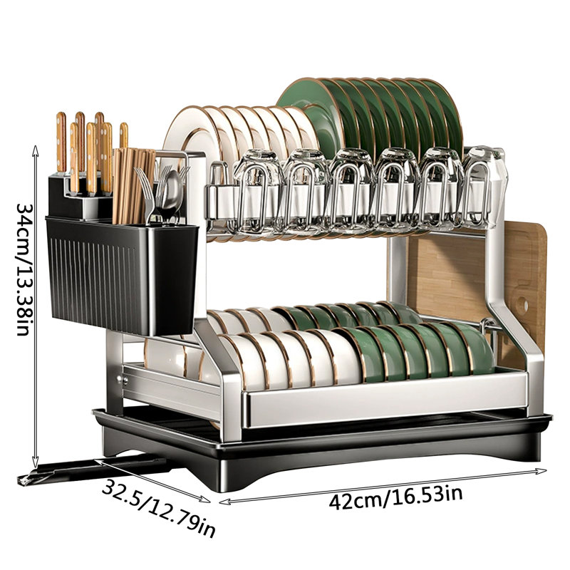 2 Tier Kitchen Stainless Steel Dish Drying Rack with Drainboard Cup Utensil Holder