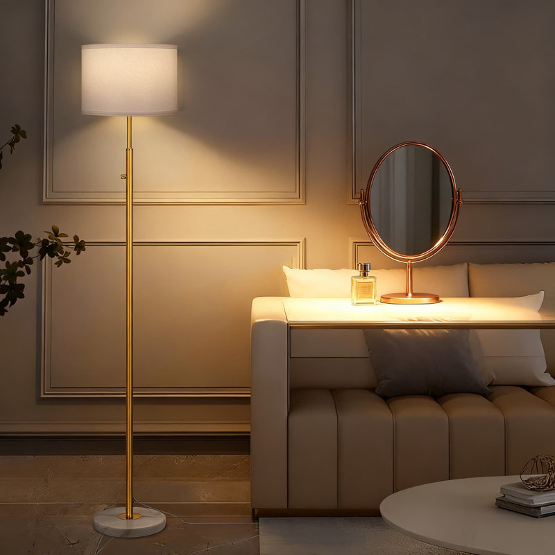 Lampe sur pied à intensité variable de 63,7 po avec base en marbre blanc et abat-jour en lin, lampe sur pied moderne avec mât doré pour le salon, le bureau et la chambre à coucher, comprend une ampoule DEL de 9 W