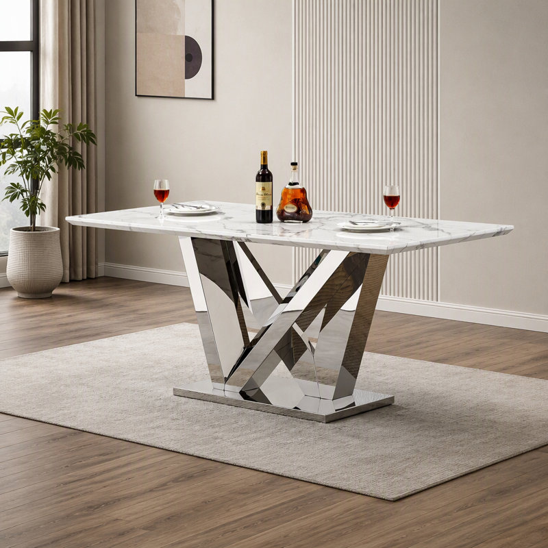 Rectangle Faux Marble Dining Table with Mirrored Stainless Steel Base, Gold+White