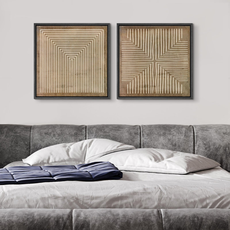 Geometric Line Pattern Wall Decor - Minimalist Neutral Abstract Artwork - Framed Canvas Master Bedroom Wall Art Work 2 Pieces Print