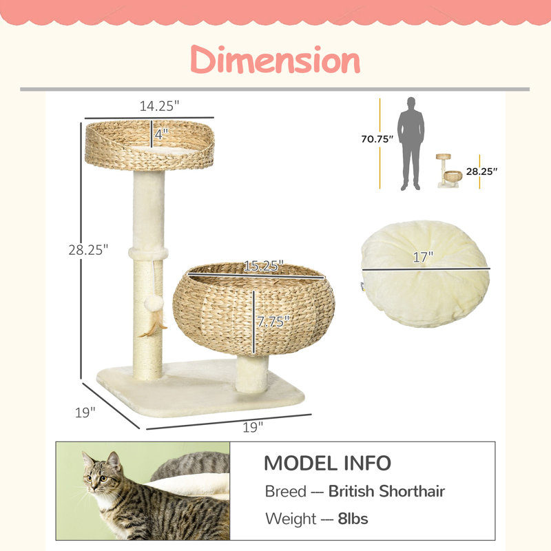 Arbre à chat 28 po avec poteau à griffes en sisal pour chat d'intérieur 28 po