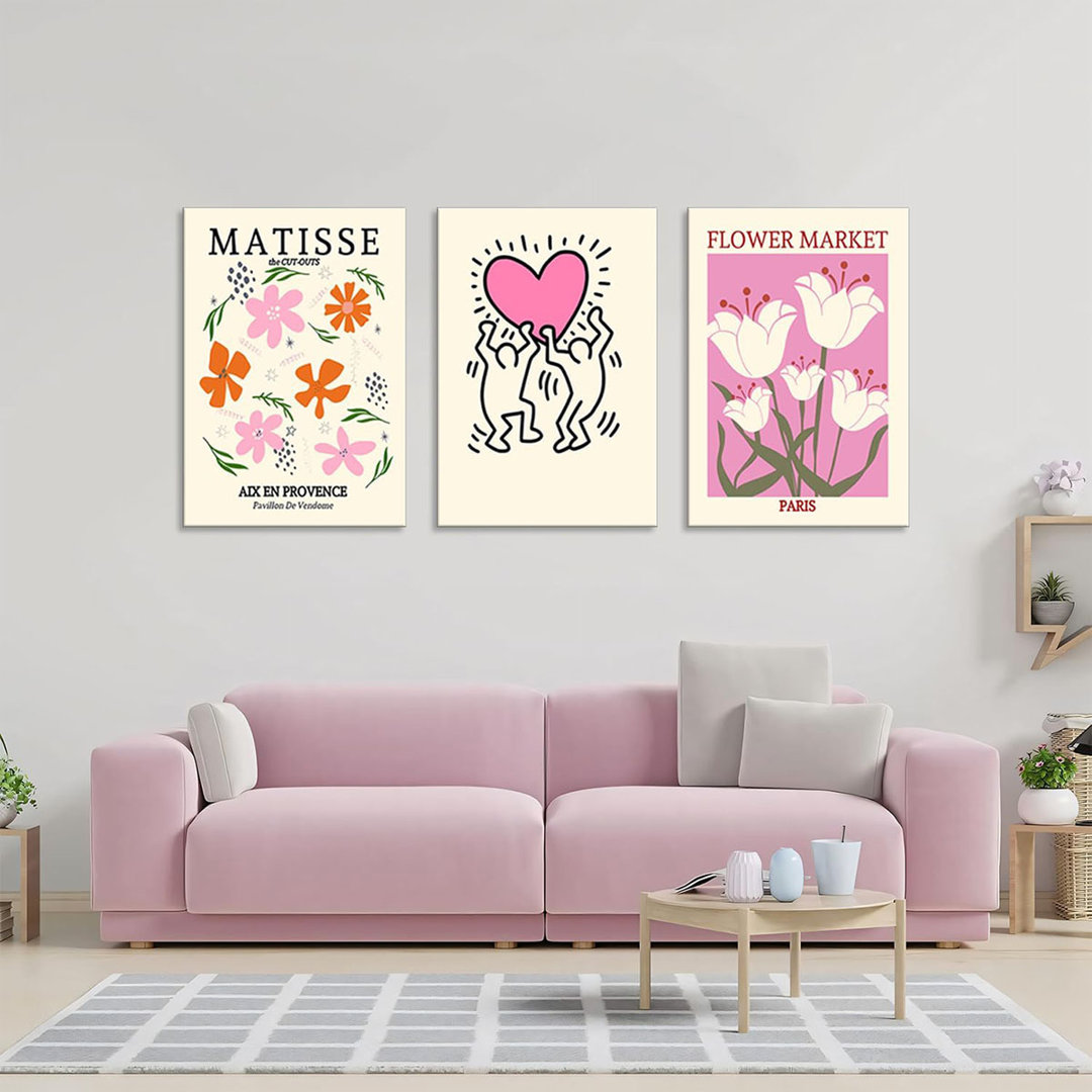 Wall Art Set Of 3 Henri Matisse Abstract Pink Floral Posters Print Minimalist Canvas Wall Decor