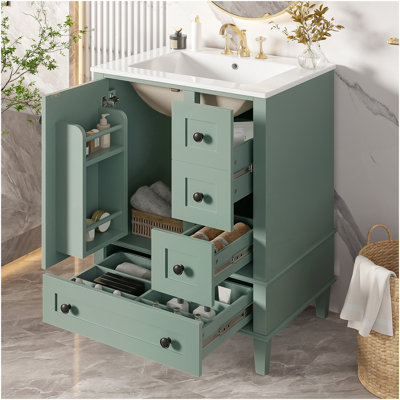 Meuble-lavabo vert clair de 24 po avec lavabo intégré en céramique, avec tablette à double couche, tiroirs à fermeture en douceur et porte d'armoire à fermeture en douceur