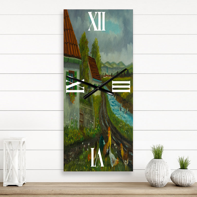 Horloge murale trois poulets et un coq dans un pré avec fleurs, Grand