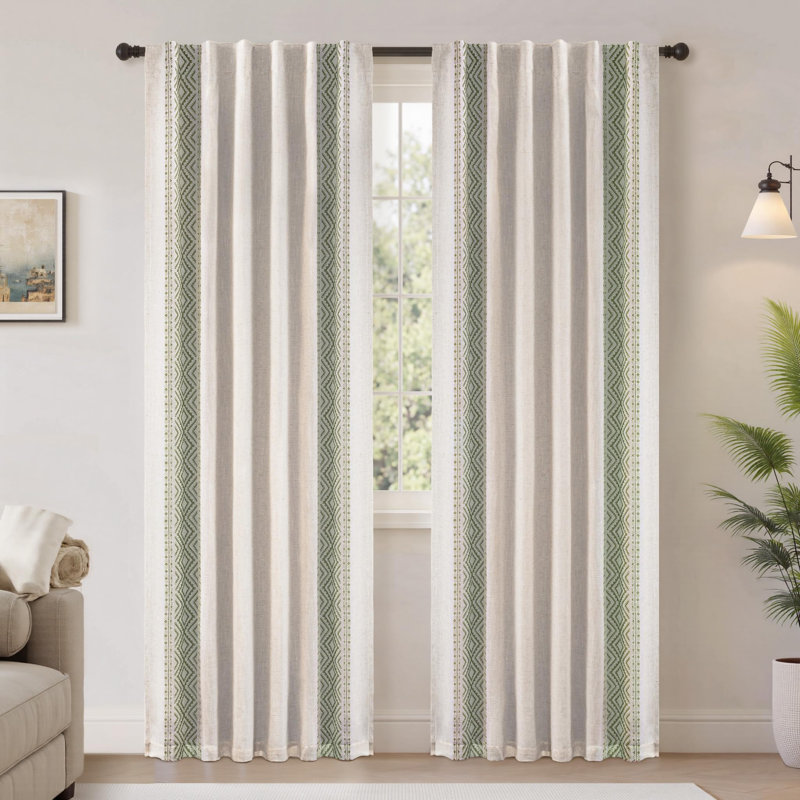 Rideaux occultant en lin Boho, L 52 po x L 84 po, Garniture géométrique vert Loden
