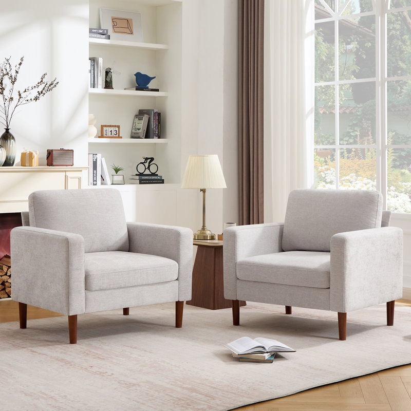 37 " Faux Leather Accent Chair Spacious Upholstered Armchair Set Of 2, Silver Gray Chenille