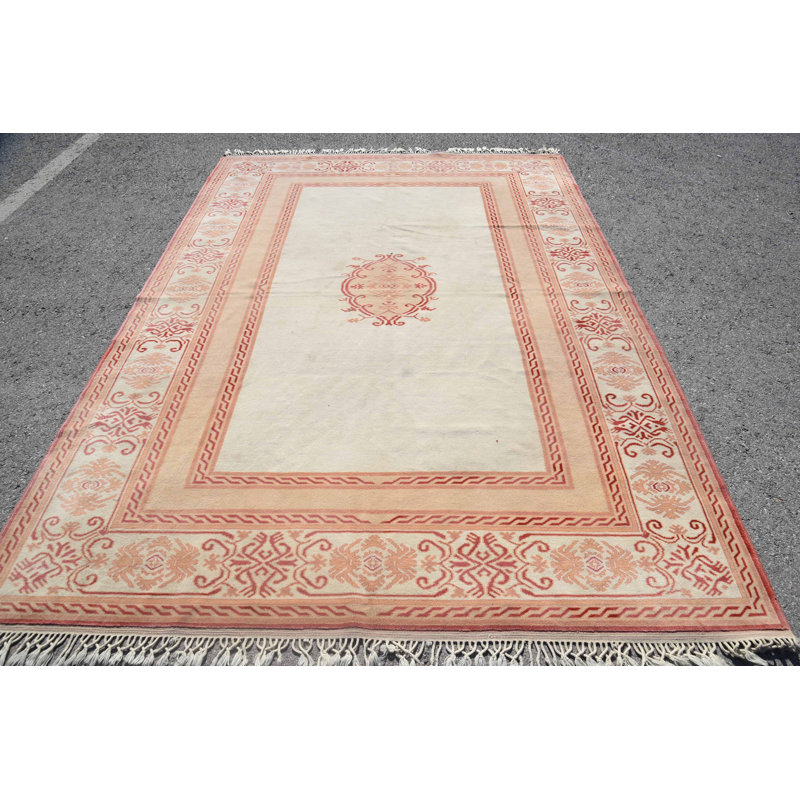 Tapis Boho, tapis turc, tapis rétro, tapis géométrique beige, tapis Oushak, grands tapis de 6,9 x 9,6 pi
