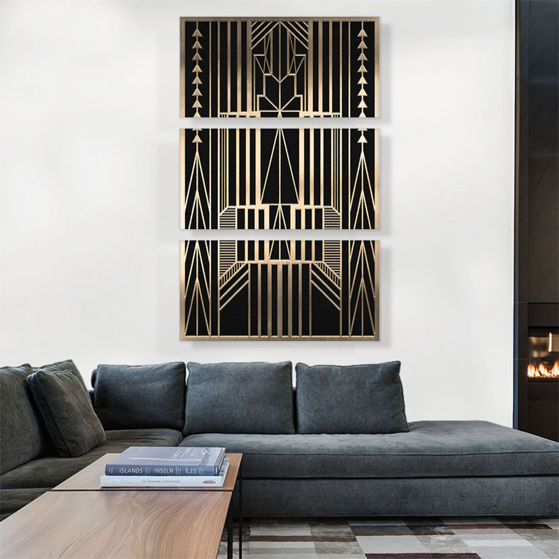 Art déco brun clair, motif géométrique jaune sur noir - ensemble de 3 impressions sur toile tendue