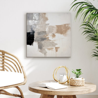 Art mural 24 x 24 sur toile avec décorations peintes à la main - Papier peint abstrait - noir, blanc, gris, beige et crème