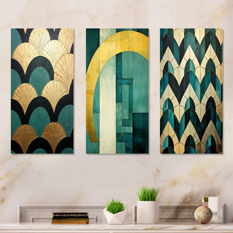 Emerald And Golden Arches - Abstract Shapes Metal Wall Art Set Of 3, 32" H x 48" W