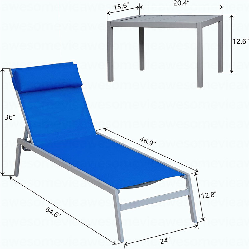 Ensemble de chaises longues de patio, 3 pièces de chaises longues de piscine à dossier réglable en acier recouvert de PVC et en polyester avec appui-tête (Blue.2 chaises longues + 1 table)