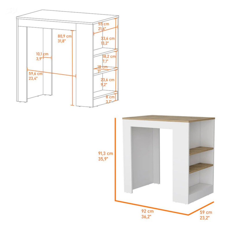 Îlot de cuisine Highlands avec base de rangement, table à hauteur de comptoir pour les réceptions et la préparation des repas, grand plateau et tablettes pour l'organisation
