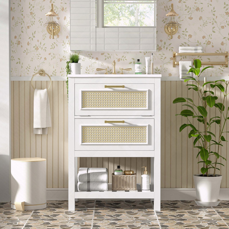 Meuble-lavabo avec lavabo intégré en céramique et deux tiroirs, Blanc