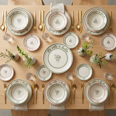 Italian Trattoria Green & Red Porcelain Dinnerware Set (24-Piece Service for 6)