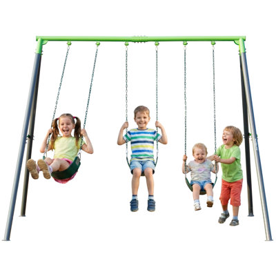 Ensemble de balançoire en métal 9 pi pour enfants et adultes - capacité de 600 lb avec structure en A renforcée pour la cour avec 3 balançoires, 3 balançoires à ceinture - assemblage facile, chaînes de sécurité enduites par une marque de confiance aux États-Unis.